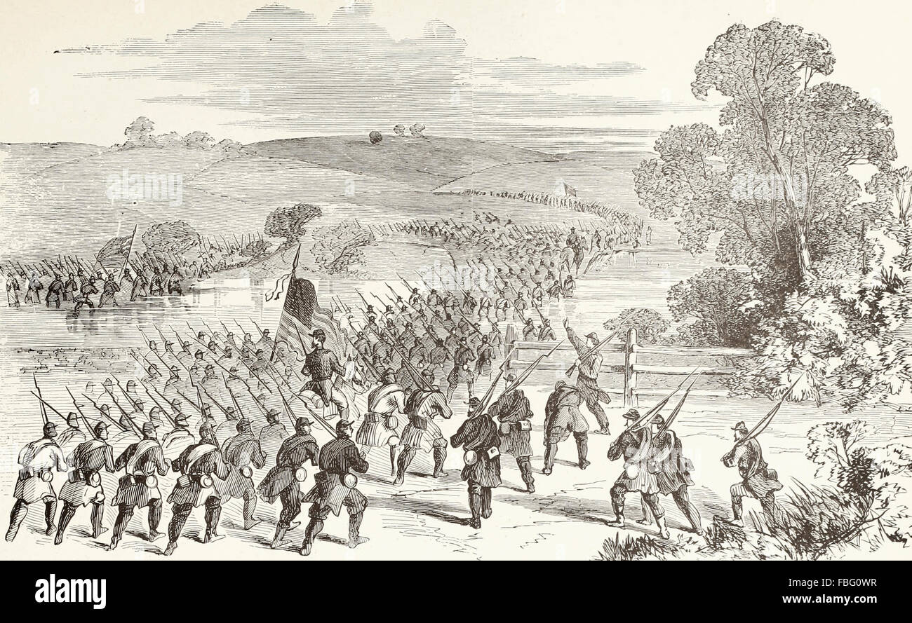 Battaglia di Antietam - apertura della lotta - Hooker della divisione guadato il grande Antietam Creek per attaccare l'esercito confederato sotto Generale Lee, Settembre 17th, 1862. USA LA GUERRA CIVILE Foto Stock