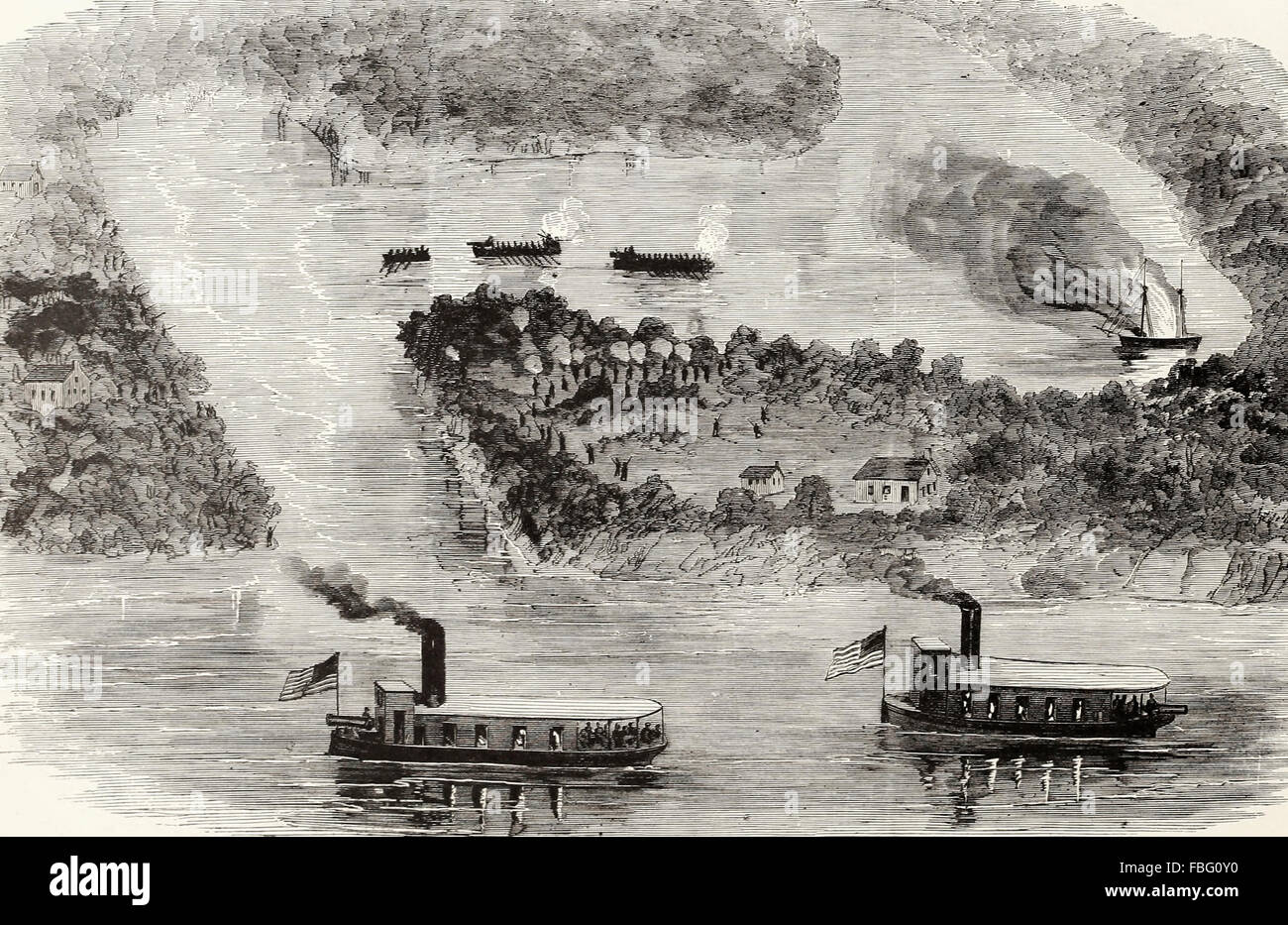 Birds Eye view della combustione di un confederato Schooner in Quantico o Dumfries Creek, Fiume Potomac, nella notte di ottobre 11th, 1861, dal tenente A.D. Harrell e un distacco dalla flottiglia Potomac, Stati Uniti d'America guerra civile Foto Stock