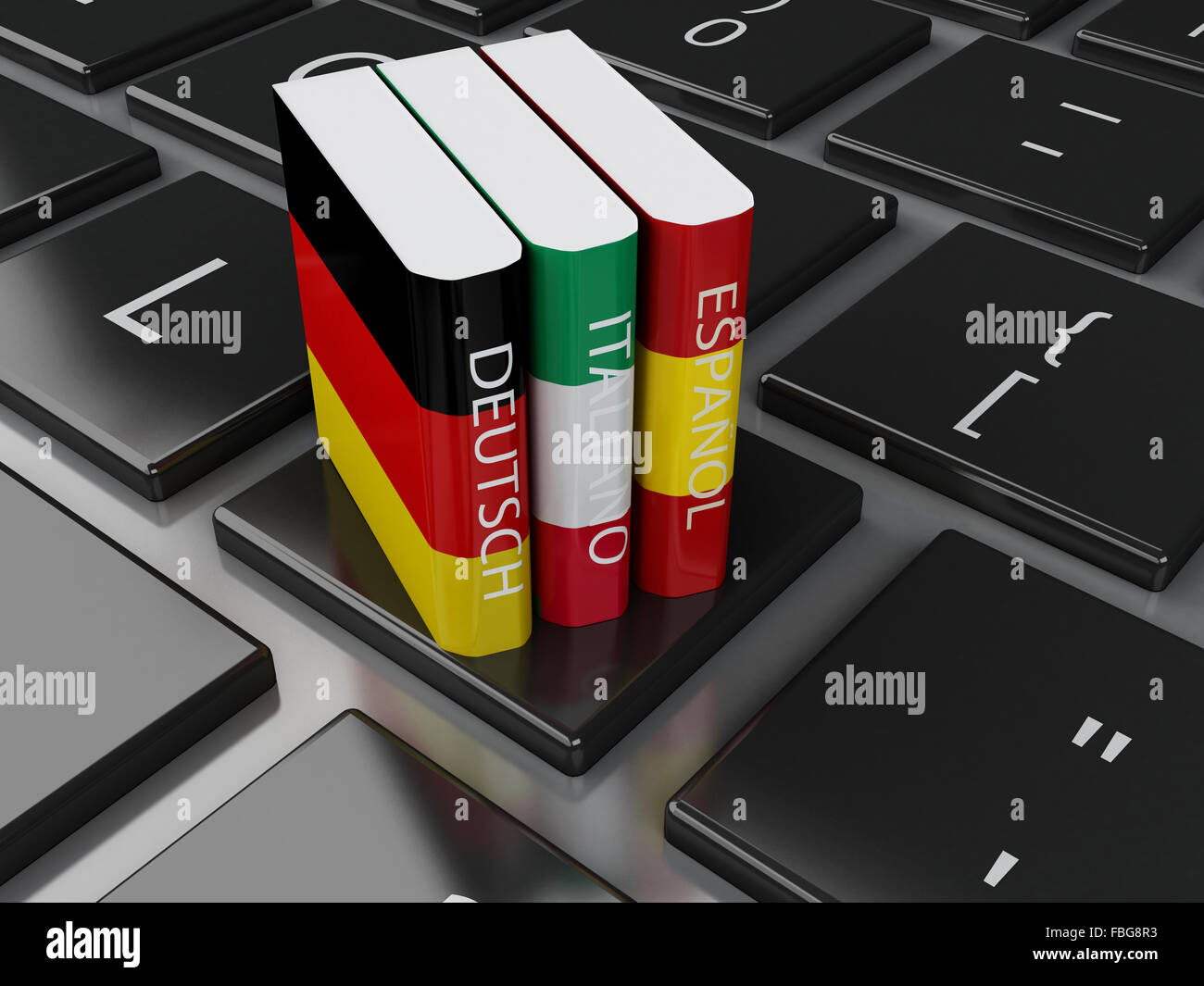 3d'illustrazione. Dizionari sulla tastiera del computer. L'E-learning. Lingue imparare e tradurre il concetto di istruzione. Foto Stock