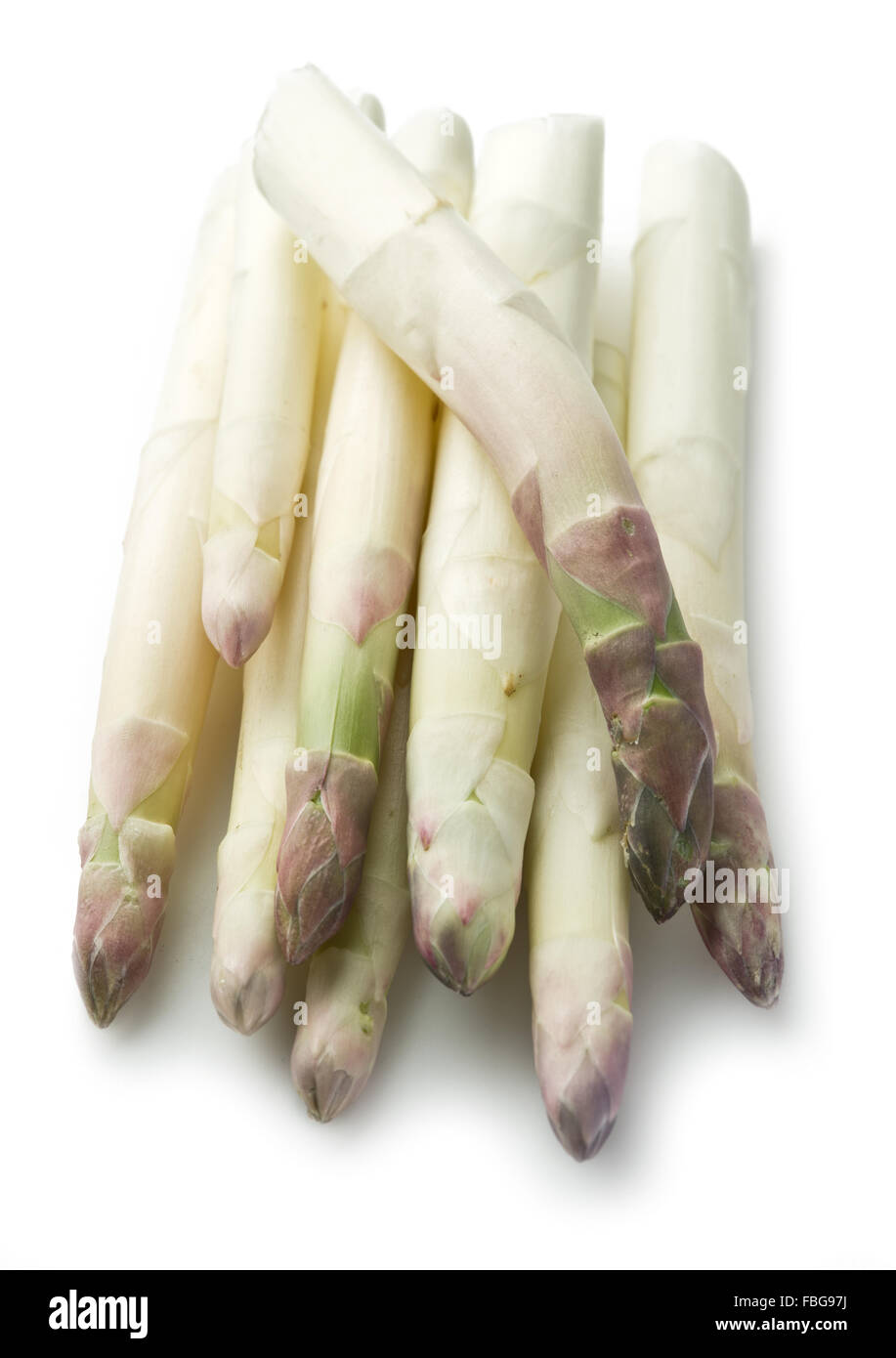 I turioni degli asparagi bianchi su sfondo bianco. Foto Stock