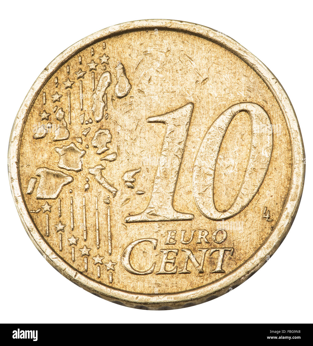 Vecchio dieci centesimi di euro moneta isolato su uno sfondo bianco. Il file contiene i tracciati di ritaglio. Foto Stock