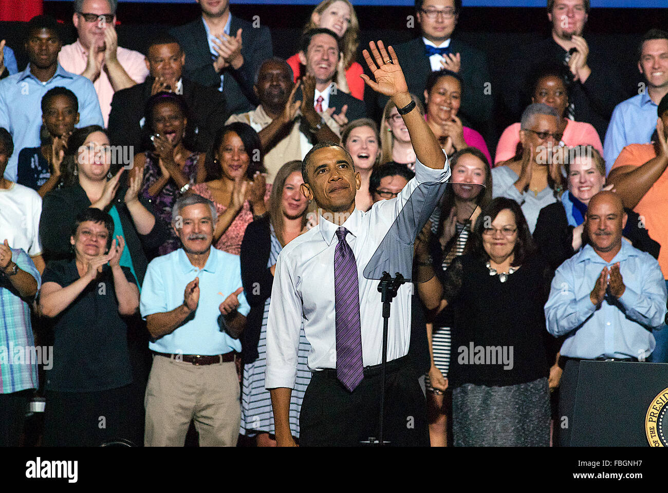 Kansas City, Missouri, Stati Uniti d'America, 30 luglio, 2014 Presidente Barak Obama offre discorso all'Uptown Theatre Credito: Mark Reinstein Foto Stock