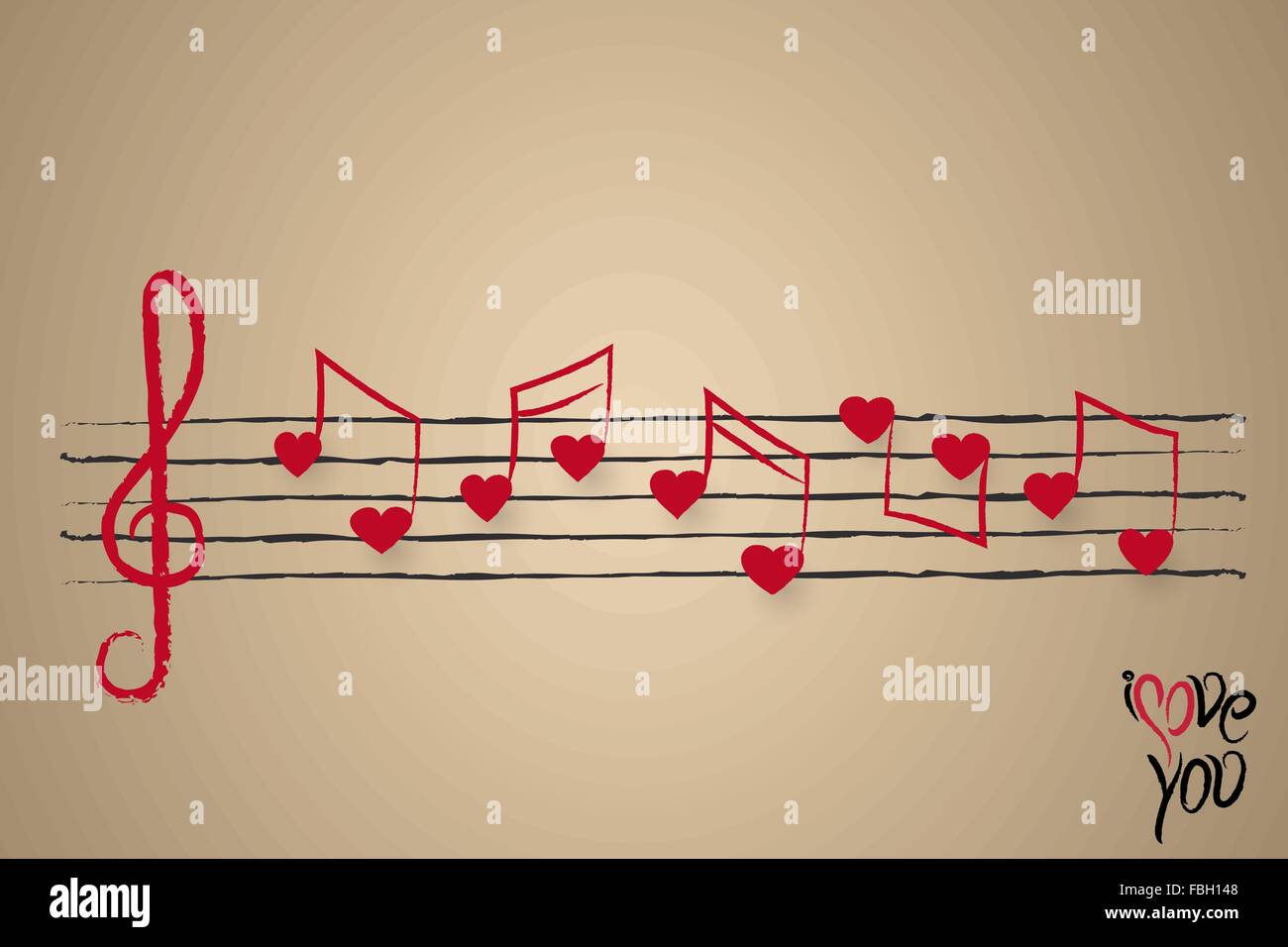 Scheda di nozze o messaggio di saluto festivo design con foglio di musica con il cuore a forma di note musicali Illustrazione Vettoriale