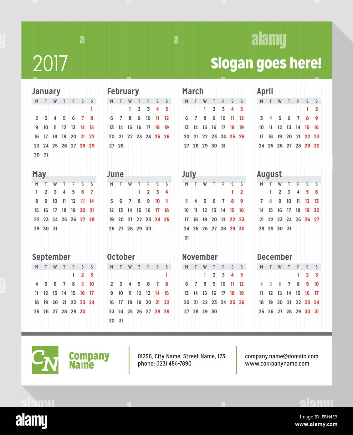 Calendario per il 2017 Anno. La settimana inizia il lunedì. Vector Design modello di stampa Illustrazione Vettoriale