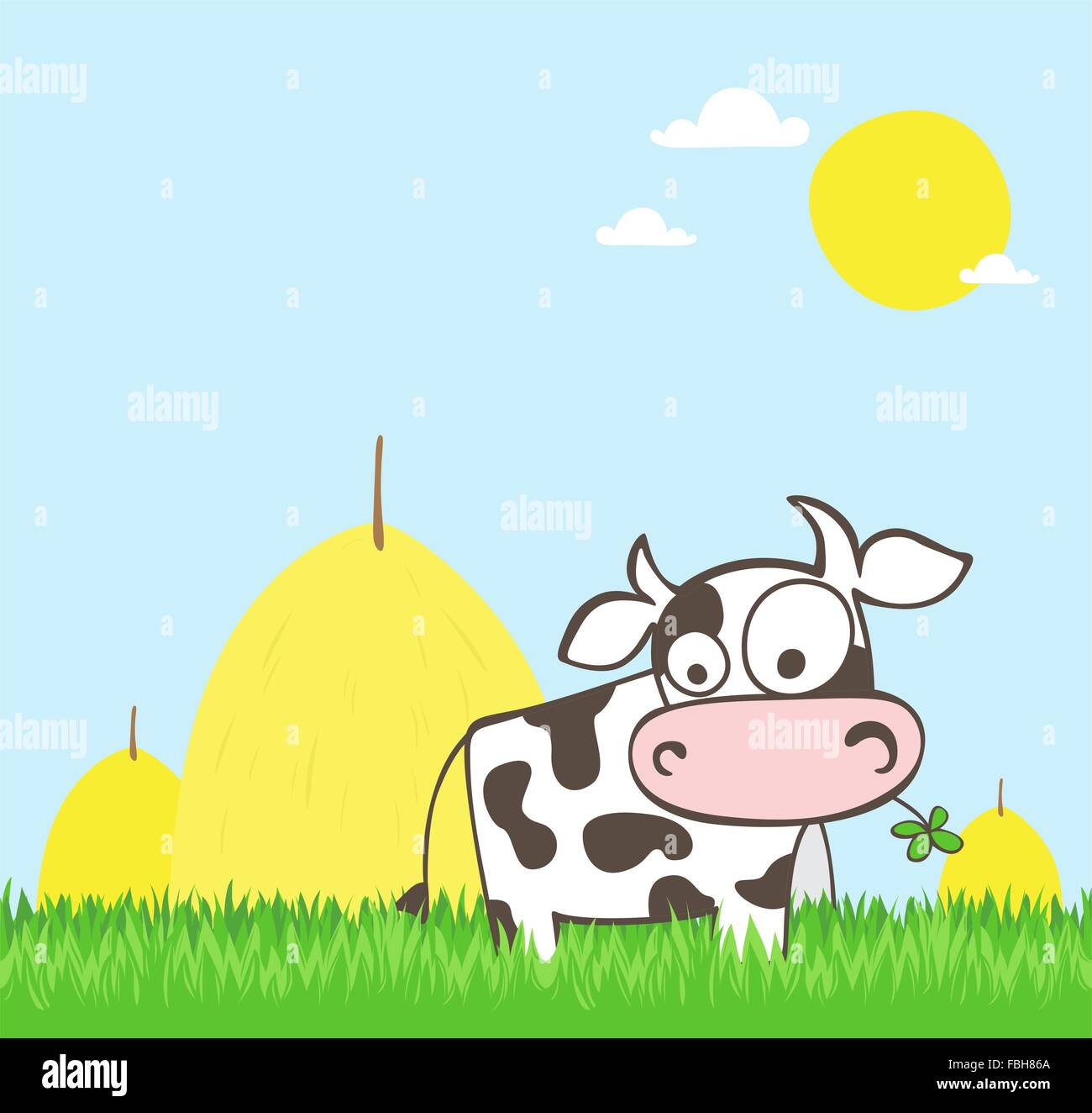 Cartoon mucca in un campo verde con fieno impilati in background Illustrazione Vettoriale