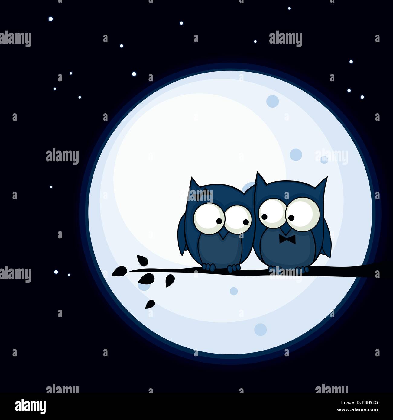 Il giorno di San Valentino card con il gufo carino giovane seduto su un ramo, con la luna in background Illustrazione Vettoriale