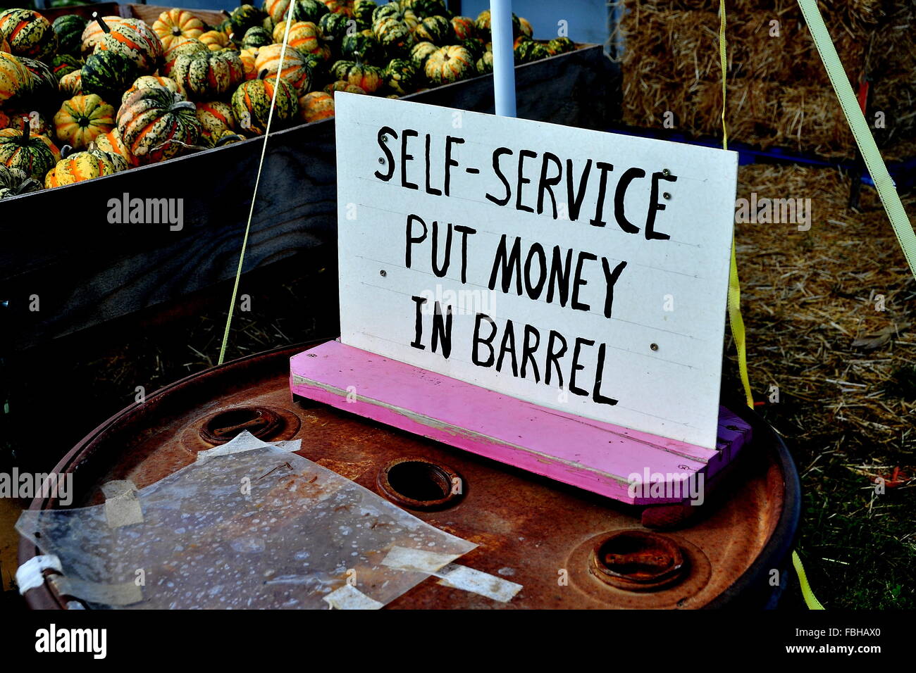 Ronks, Pennsylvania: segno chiede ai clienti di lasciare il denaro in una botte utilizzando il sistema di onore alla Zucca Patch farm Foto Stock