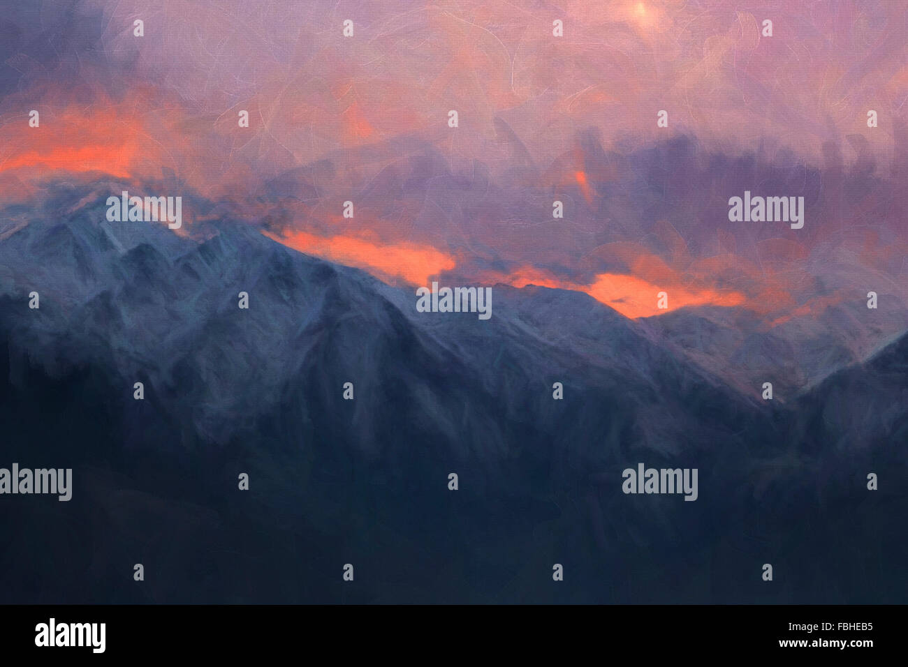 Suggestive montagne di sera, pittura digitale illustrazione. Foto Stock
