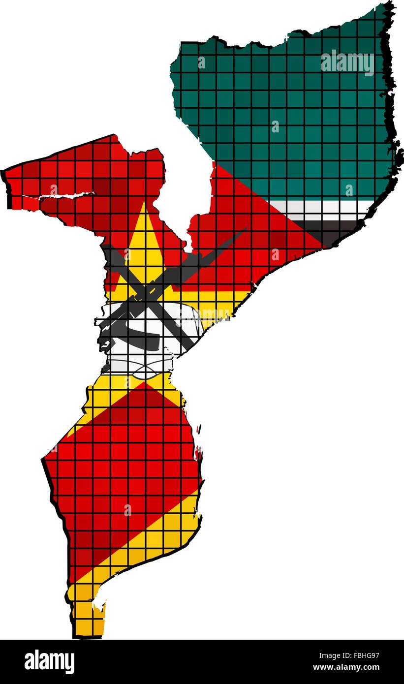Mappa di Mozambico con bandiera all'interno Illustrazione Vettoriale