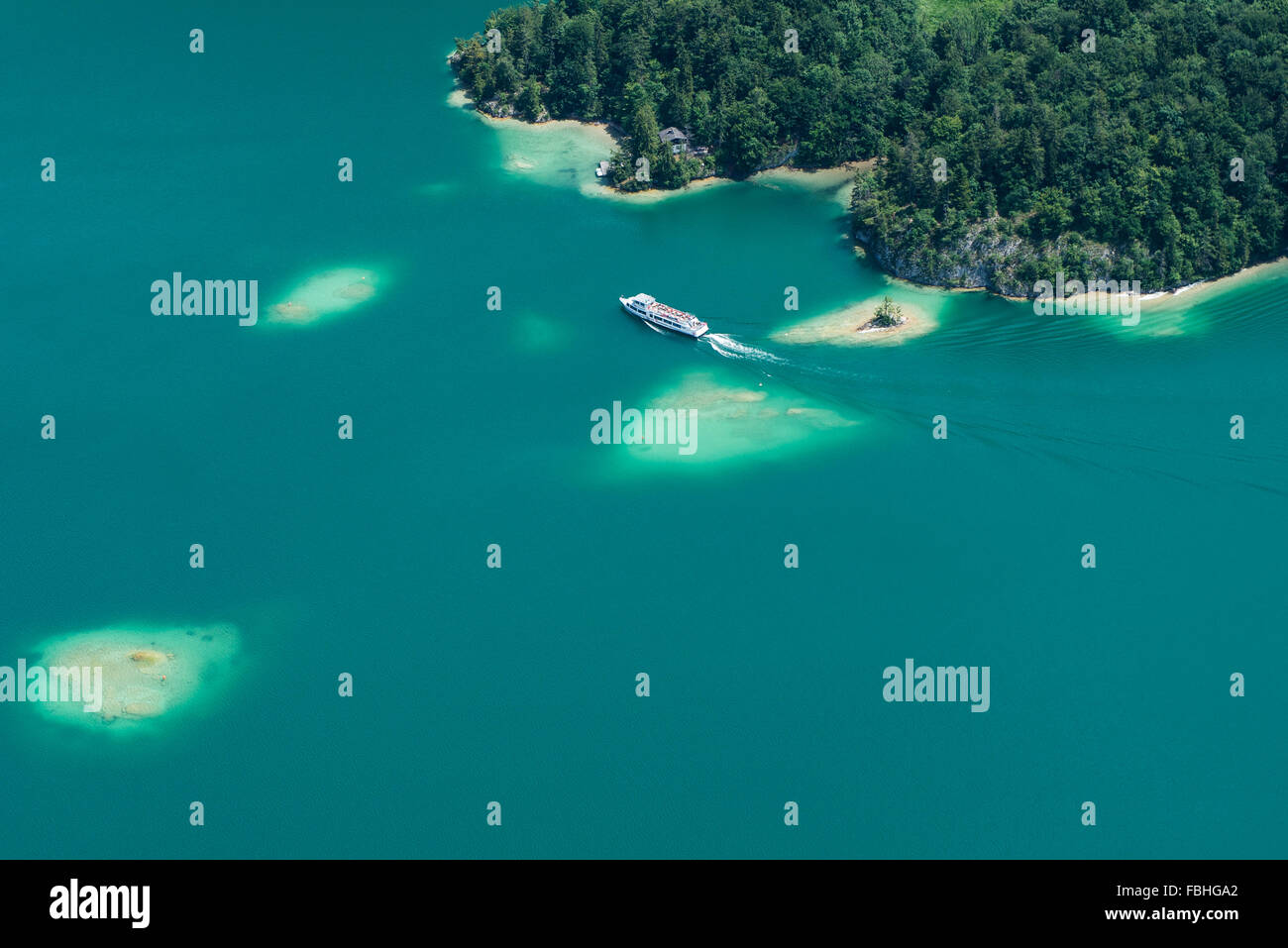 Wolfgangsee, nave, St Gilgen, Salisburgo, Austria membro, Salzkammergut, fotografia aerea, natura, Riva, lago di montagna, bagno lago, Regione di vacanza, luogo di turismo Foto Stock