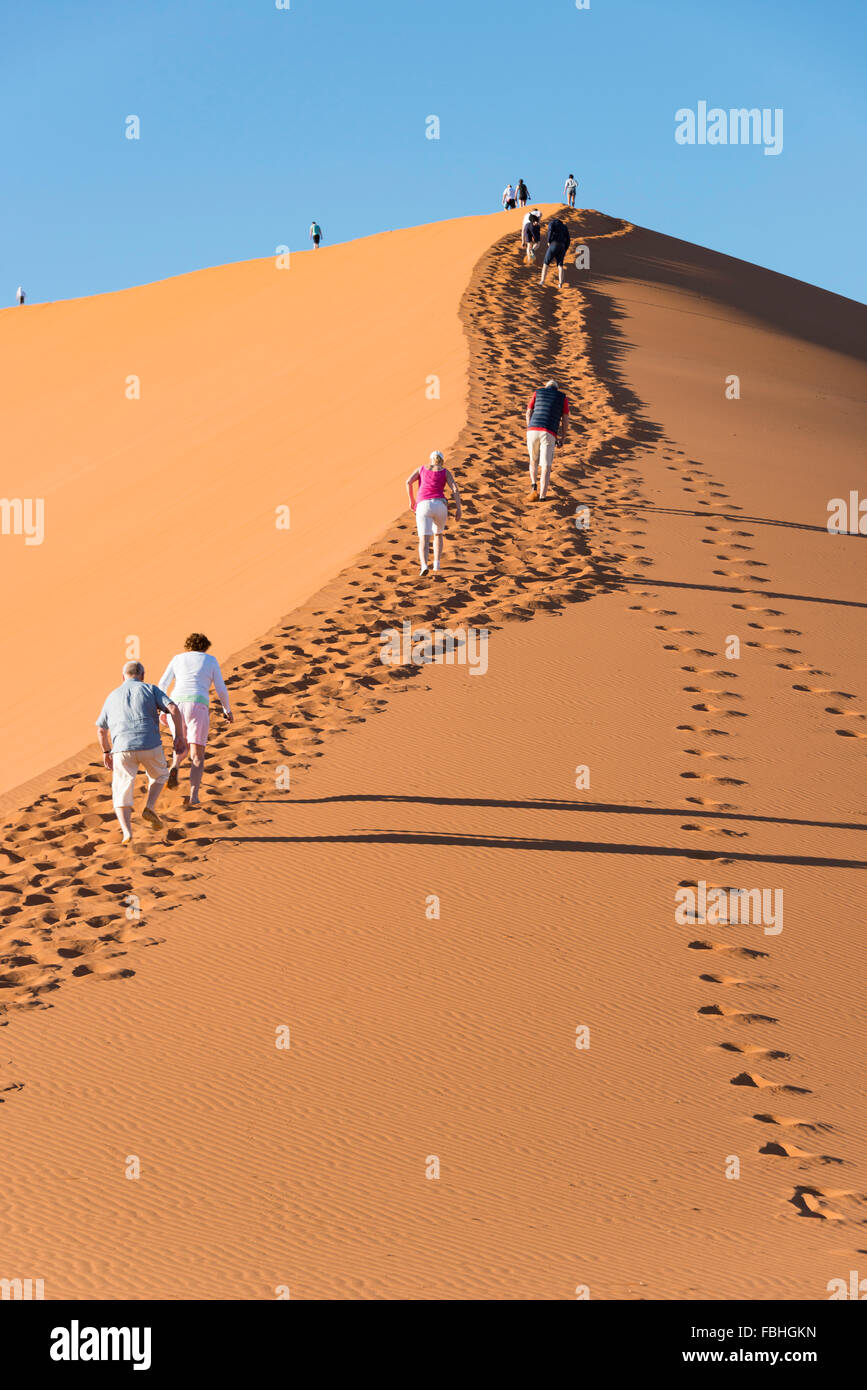 I turisti climbing duna di sabbia, Sossusvlei, Namib Desert, Parco Namib-Naukluft, Regione di Hardap, Repubblica di Namibia Foto Stock