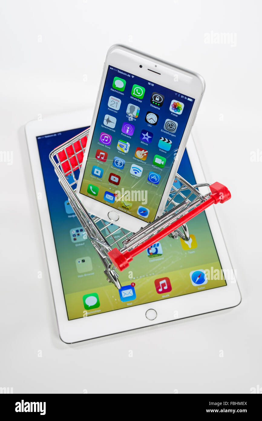 IPhone 6Plus, carrello, aria di iPad 2, display, icona foto, consumo, Foto Stock