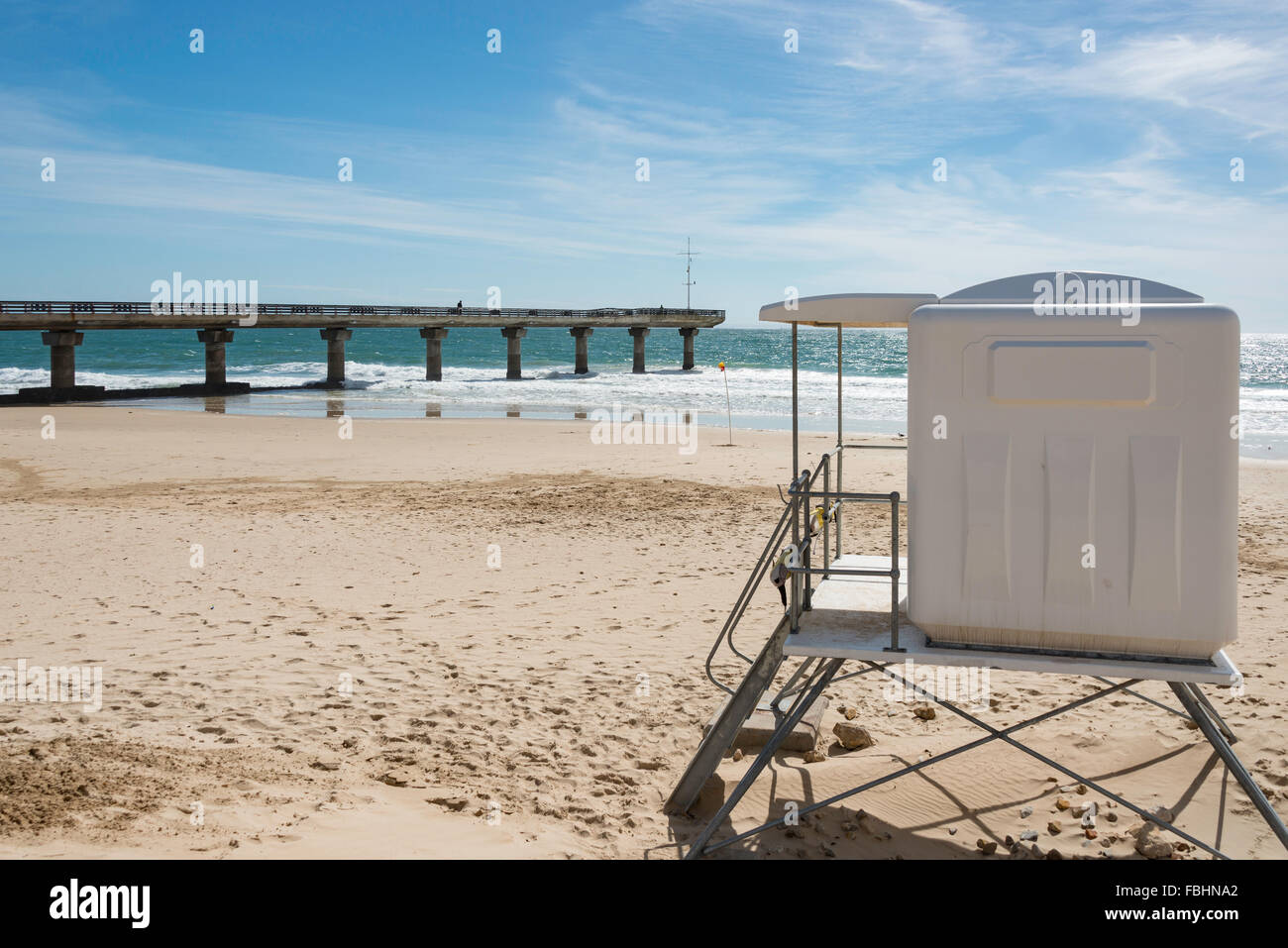 Shark Rock Pier da Hobie Beach, Port Elizabeth Nelson Mandela Bay comune, Eastern Cape Province, Sud Africa Foto Stock