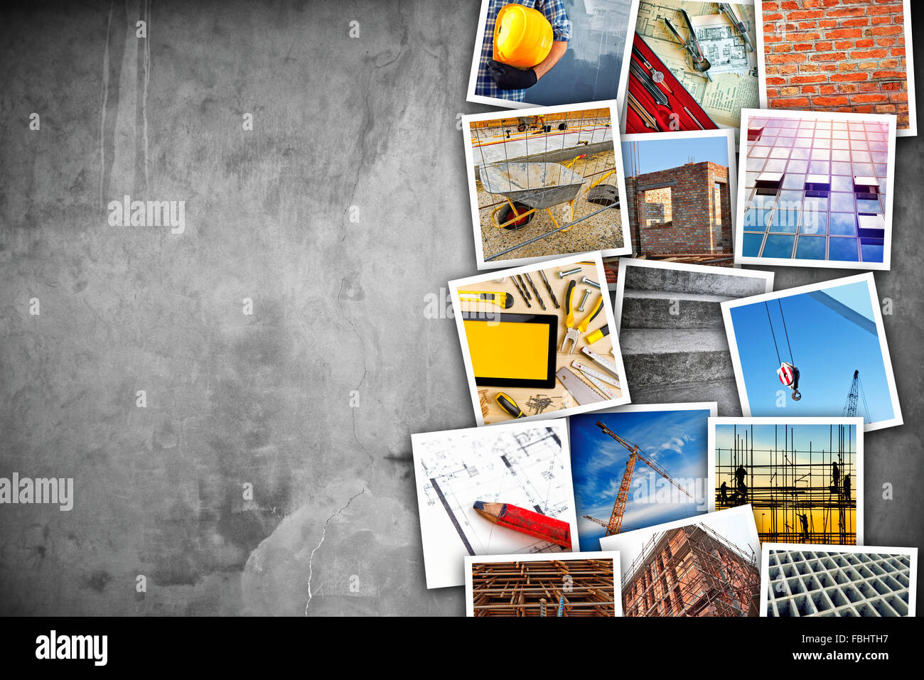 Industria edile themed photo collage con immagini impilati su cemento tondi per cemento texture di parete come copia di spazio. Foto Stock