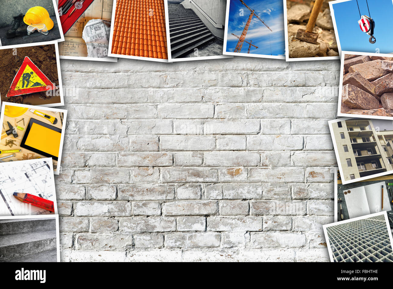 Industria edile themed photo collage con immagini impilati su bianco muro di mattoni texture come copia di spazio. Foto Stock