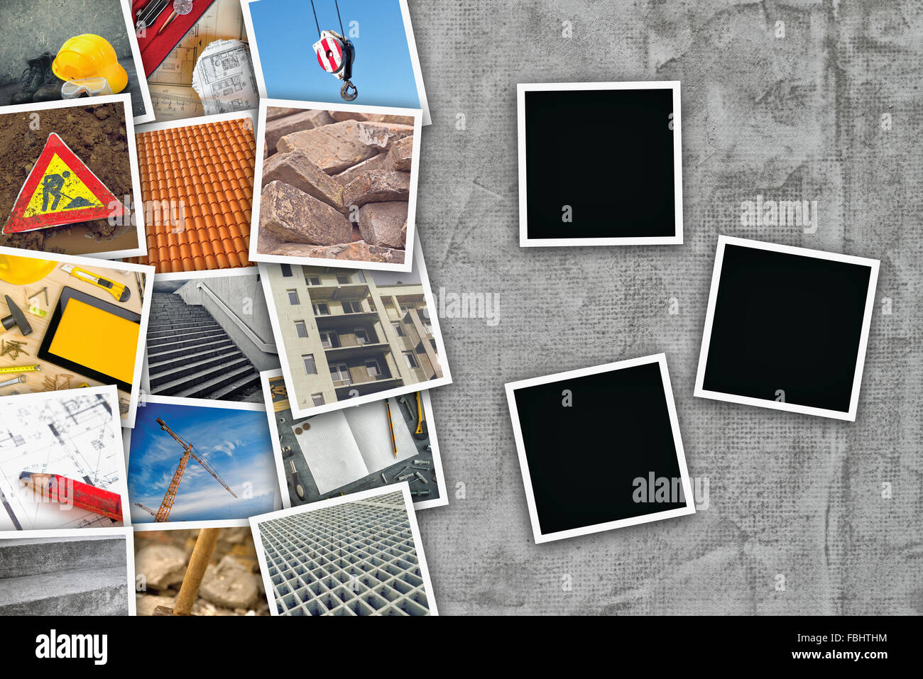 Industria edile themed photo collage con immagini impilati su cemento tondi per cemento texture di parete come copia di spazio e tre vuoto Foto Stock