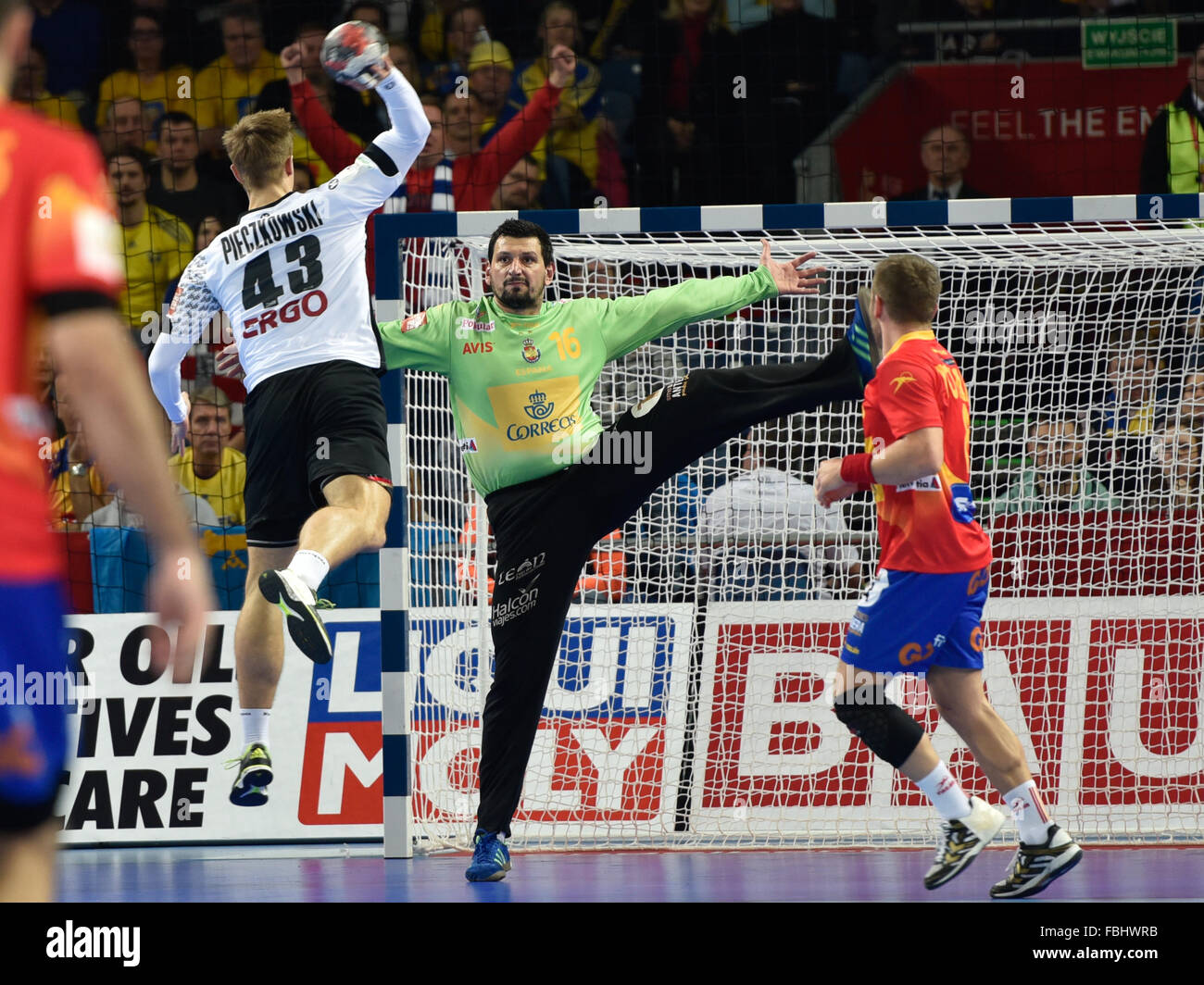 Wroclaw, Polonia. 16 gennaio, 2016. Campionati Europei negli uomini la pallamano, EHF EURO 2016 gruppo C match Spagna - Germania 32:29. In azione il portiere Arpad Sterbik Credito: Piotr Dziurman/Alamy Live News Foto Stock