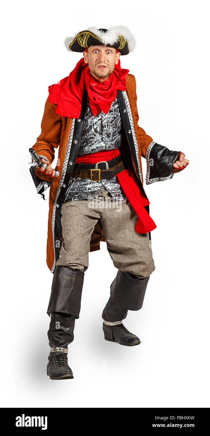 Giovane uomo in un costume da pirata con pistola isolati su sfondo bianco Foto Stock