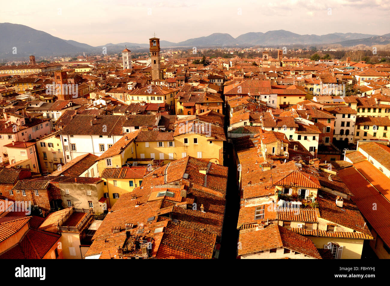 Vista panoramica sulla città rinascimentale di Lucca, Toscana, Italia, Europa Foto Stock