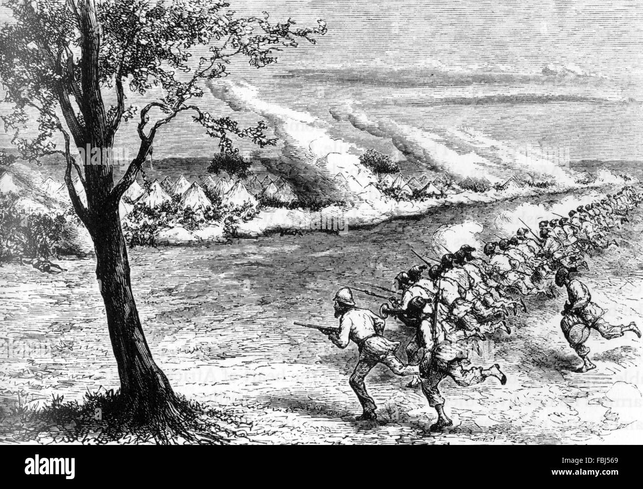 SAMUEL Baker (1821-1893) esploratore britannico che conduce i suoi quaranta ladri in un attacco a mercanti di schiavi a Fatiko durante la Battaglia di Masindi nel 1872 Foto Stock