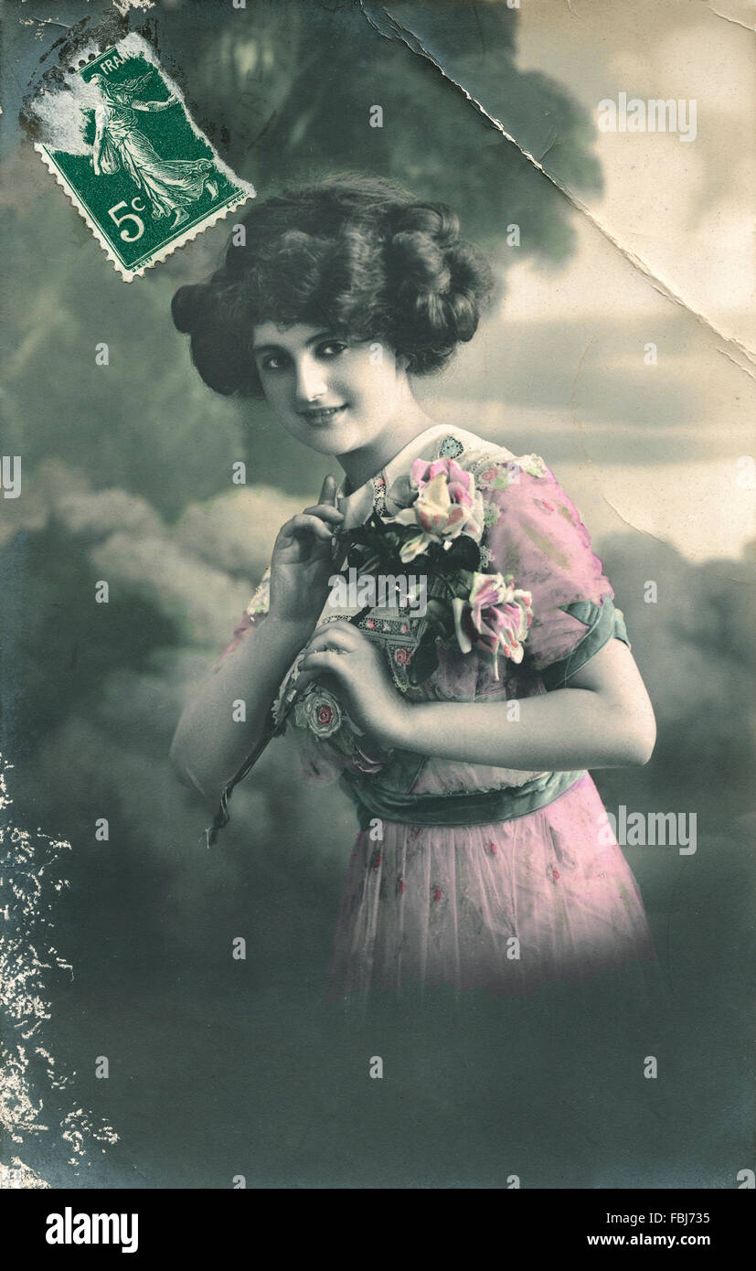 Cartolina, storico, donna, giovane, rose, gesto Foto Stock