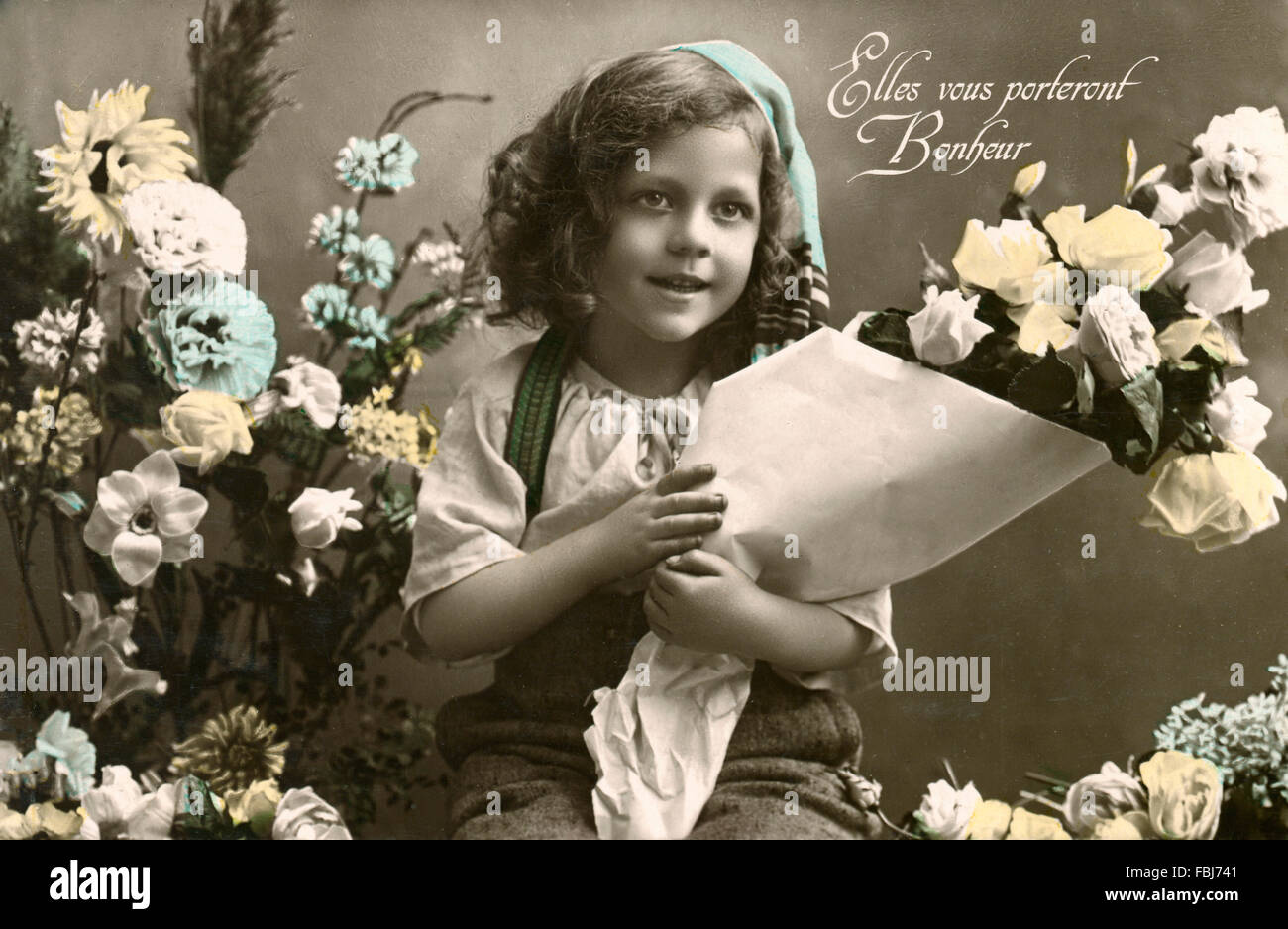 Cartolina, storico, bambino, bouquet, congratulazioni, Foto Stock