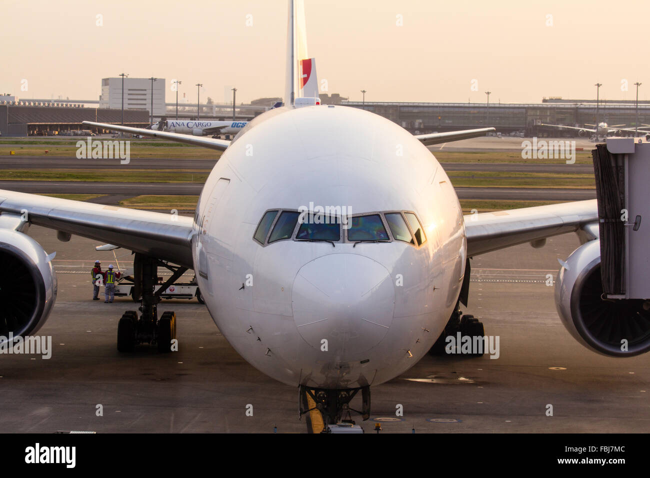 Giappone, Tokyo Haneda. Rivolta, JAL, Japanese Airlines Boeing 767 strappo essendo in posizione in modo da essere collegato al passaggio pedonale. Rivolta, vicino. Foto Stock