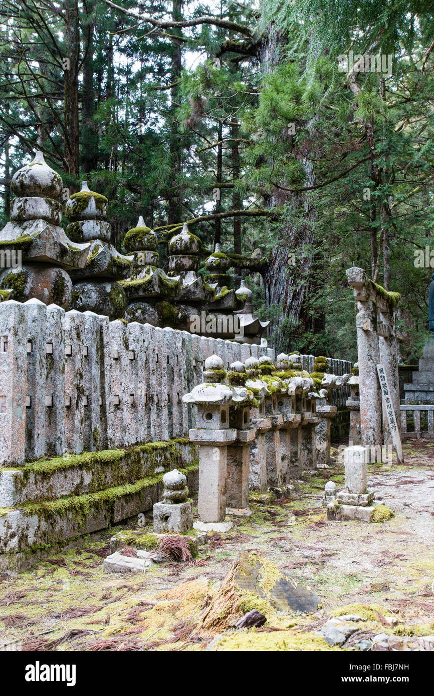 Giappone, Koyasan, Okunoin Forest Cemetery. Fila di tradizionali Toro lanterne di pietra con fila di Gorinto, cinque-inanellati stupa dietro. Torii gate a fine. Foto Stock