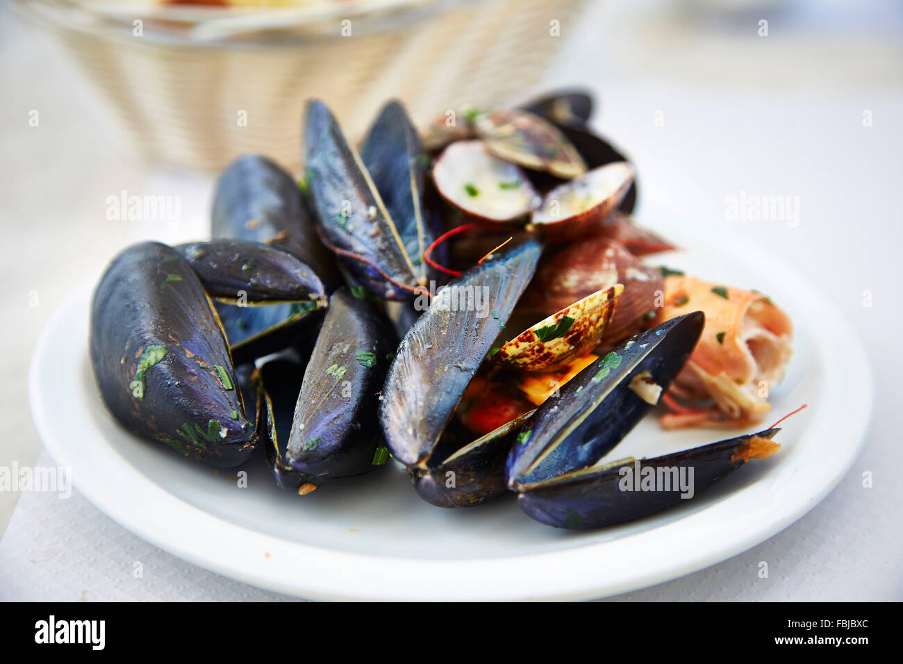 Piatto pieno di gusci, frutti di mare, cozze, poggia sulla piastra, Italiano, Italia Foto Stock