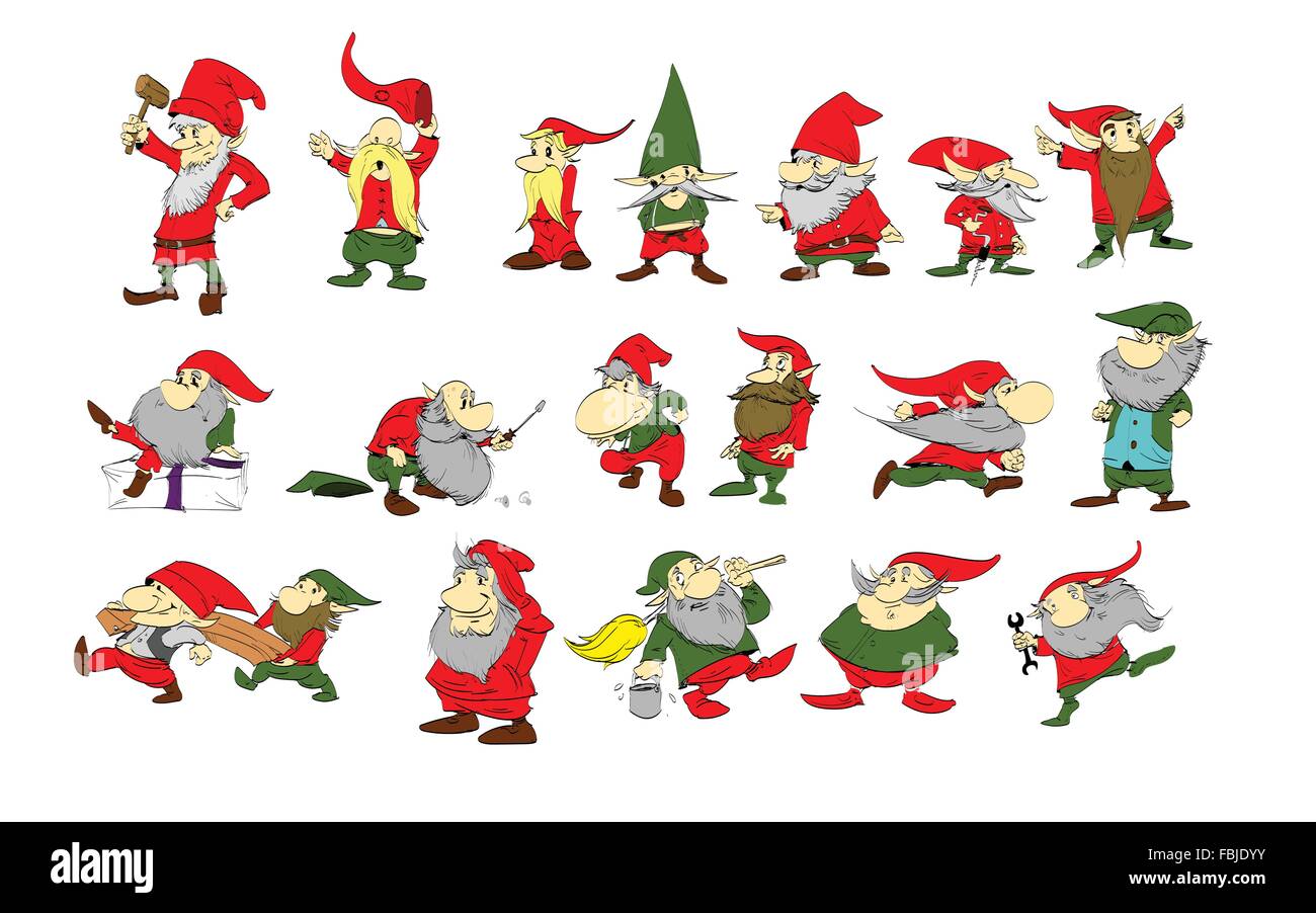 Set di cartoon elfi di Natale illustrazioni. Illustrazione Vettoriale