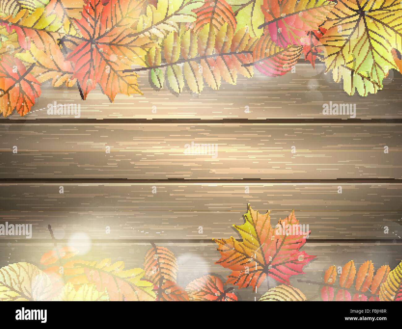 Tavole di legno con foglie di autunno. EPS 10 Illustrazione Vettoriale