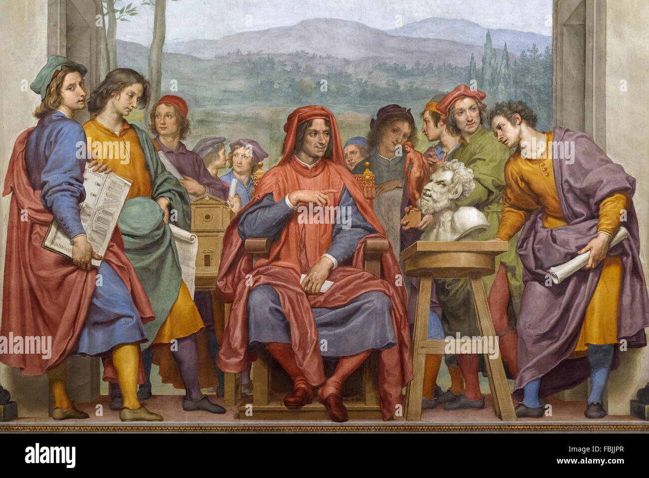 Firenze. L'Italia. Affresco raffigurante Lorenzo il Magnifico (1469-1492) circondato da artisti fra i quali il giovane Michelangelo Foto Stock