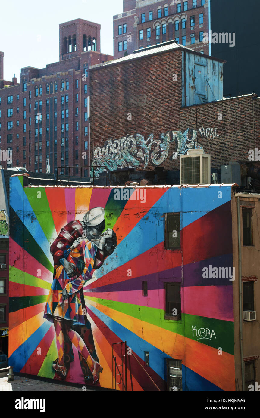 New York: murale da Eduardo Kobra celebra uno dei più iconica fotografie di tutti i tempi, il 1945 V-j giorno In Times Square da Alfred Eisenstaedt Foto Stock