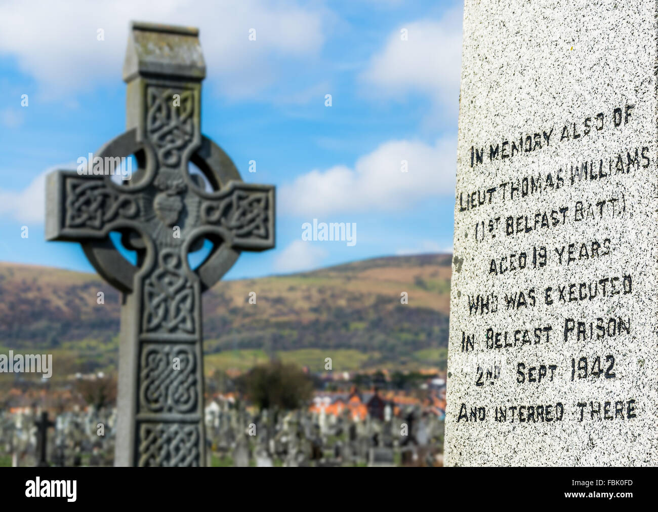 Memoriale di pietra e croce celtica nel cimitero di Milltown in memoria di ira volontario Tom Williams. Foto Stock