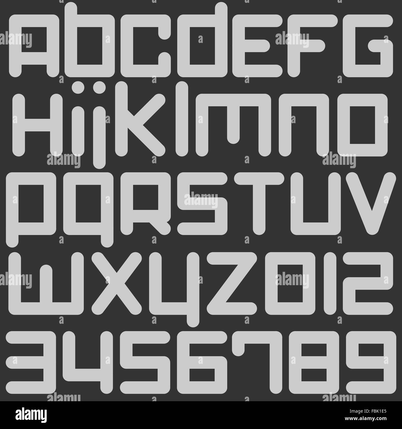 Set di stilizzata, alfabeto lettere e numeri isolati su sfondo grigio. vettore, contemporanei grassetto font di tipo Illustrazione Vettoriale