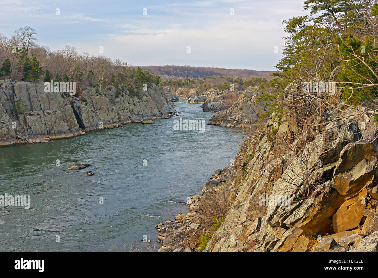 Fiume Potomac a Great Falls Park in inverno, Maryland, Stati Uniti d'America. Foto Stock
