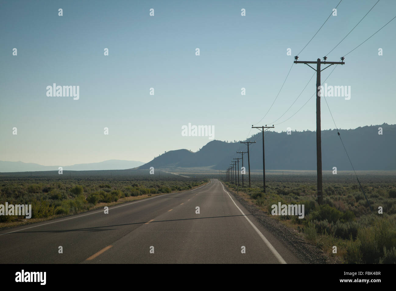 Lunga strada diritta con pali del telegrafo in America Foto Stock