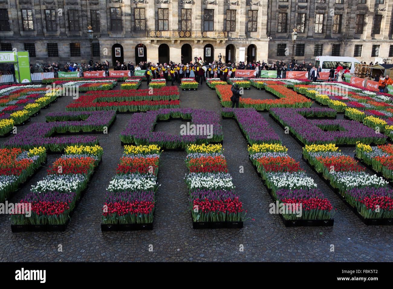 Piazza Dam nazionale durante la giornata dei tulipani di Amsterdam, Olanda. Foto Stock