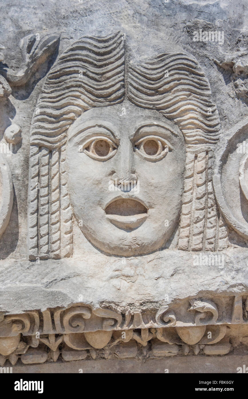 Scultura di sfiato congelare dal teatro romano di Myra, Anatolia, Turchia Foto Stock