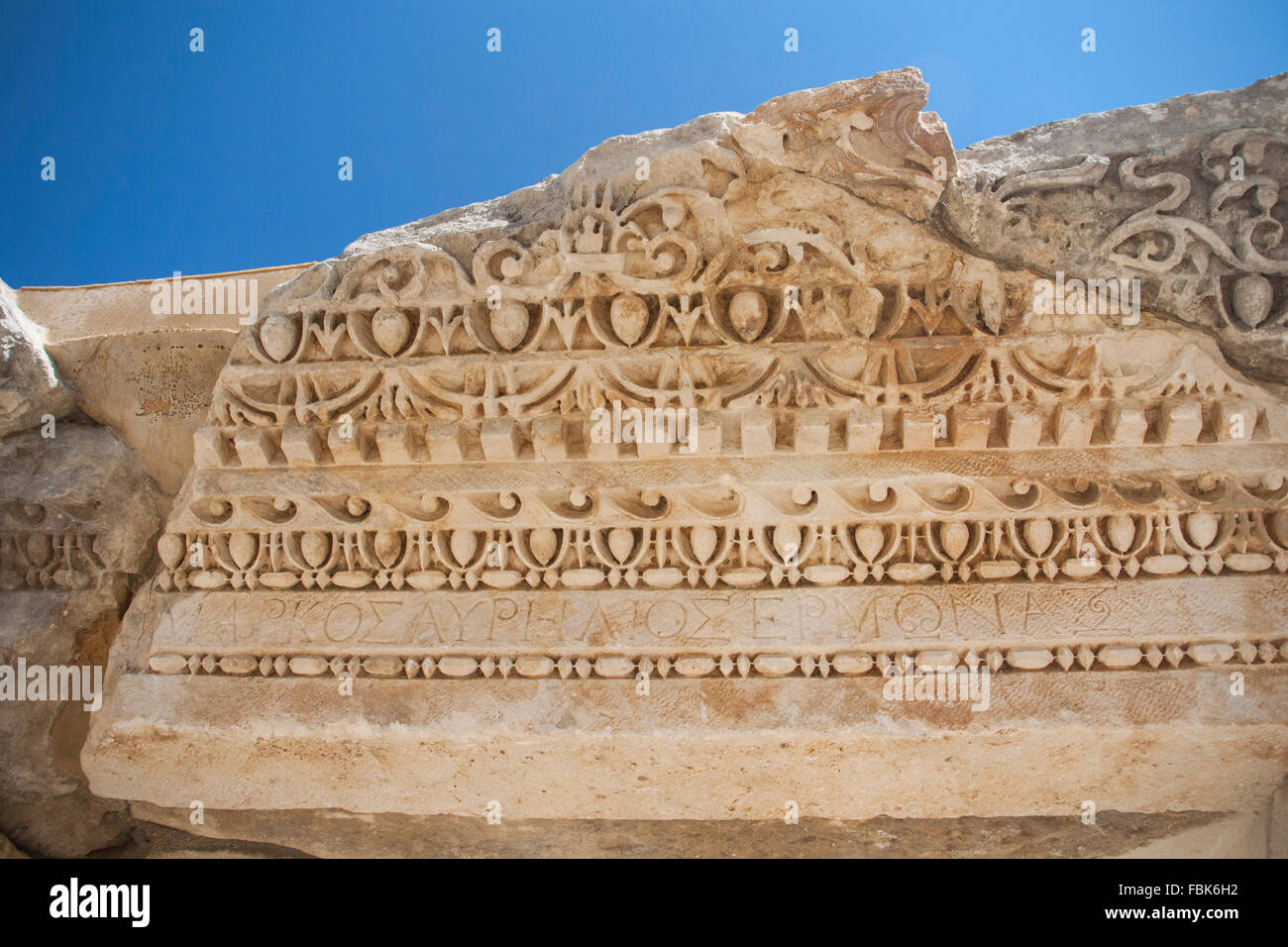 Le rovine di anfiteatro di Myra, Turchia, a bassorilievo in pietra presso il Teatro Romano, MYRA, Demre, Lycia, Provincia di Antalya, Turchia Foto Stock