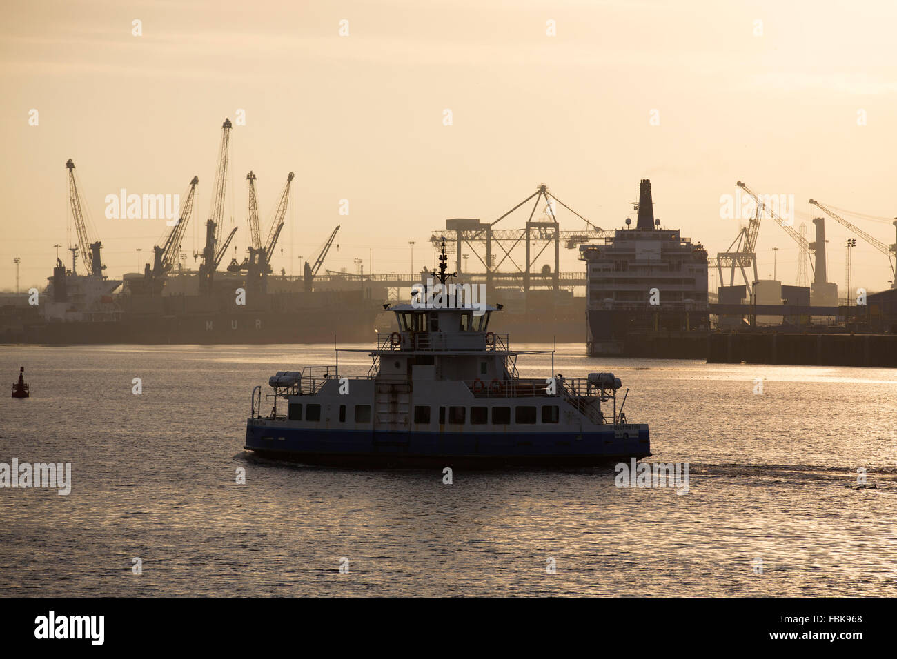 Gli scudi traghetto sul Fiume Tyne nel nord-est dell'Inghilterra. La gru e il traghetto DFDS stand presso il porto di Tyne. Foto Stock
