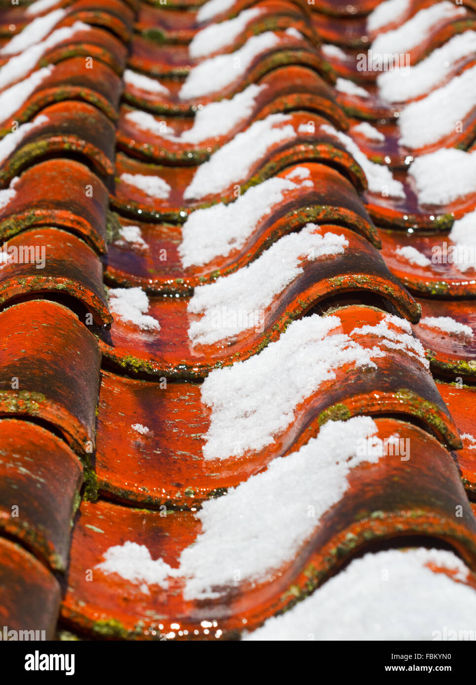 La fine della stagione invernale: fusione neve su un tetto con tegole di colore arancione Foto Stock