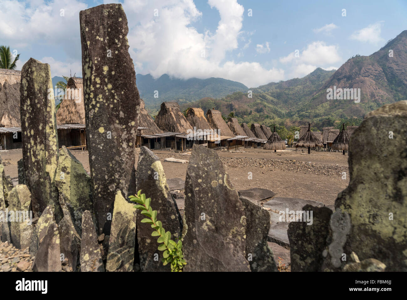Tradizionale tetto di paglia di alta-case con tetti e formazioni megalitiche nel villaggio Ngada Gurusina vicino a Bajawa, Flores, Indonesia, Foto Stock