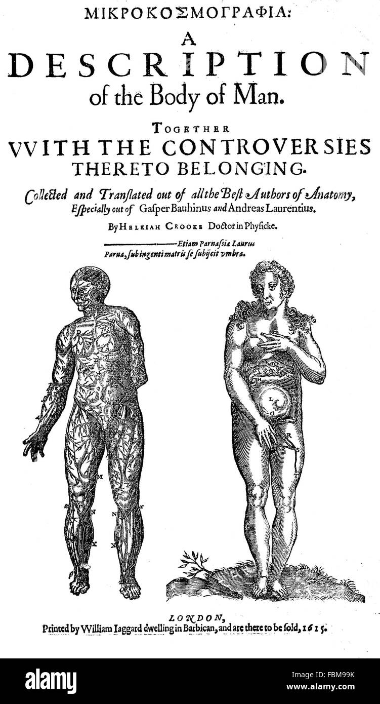 HELKIAH CROOKE (1576-1648) medico di corte di re James I. pagina Titolo del suo 1615 prenota Mikrokosmographia Foto Stock