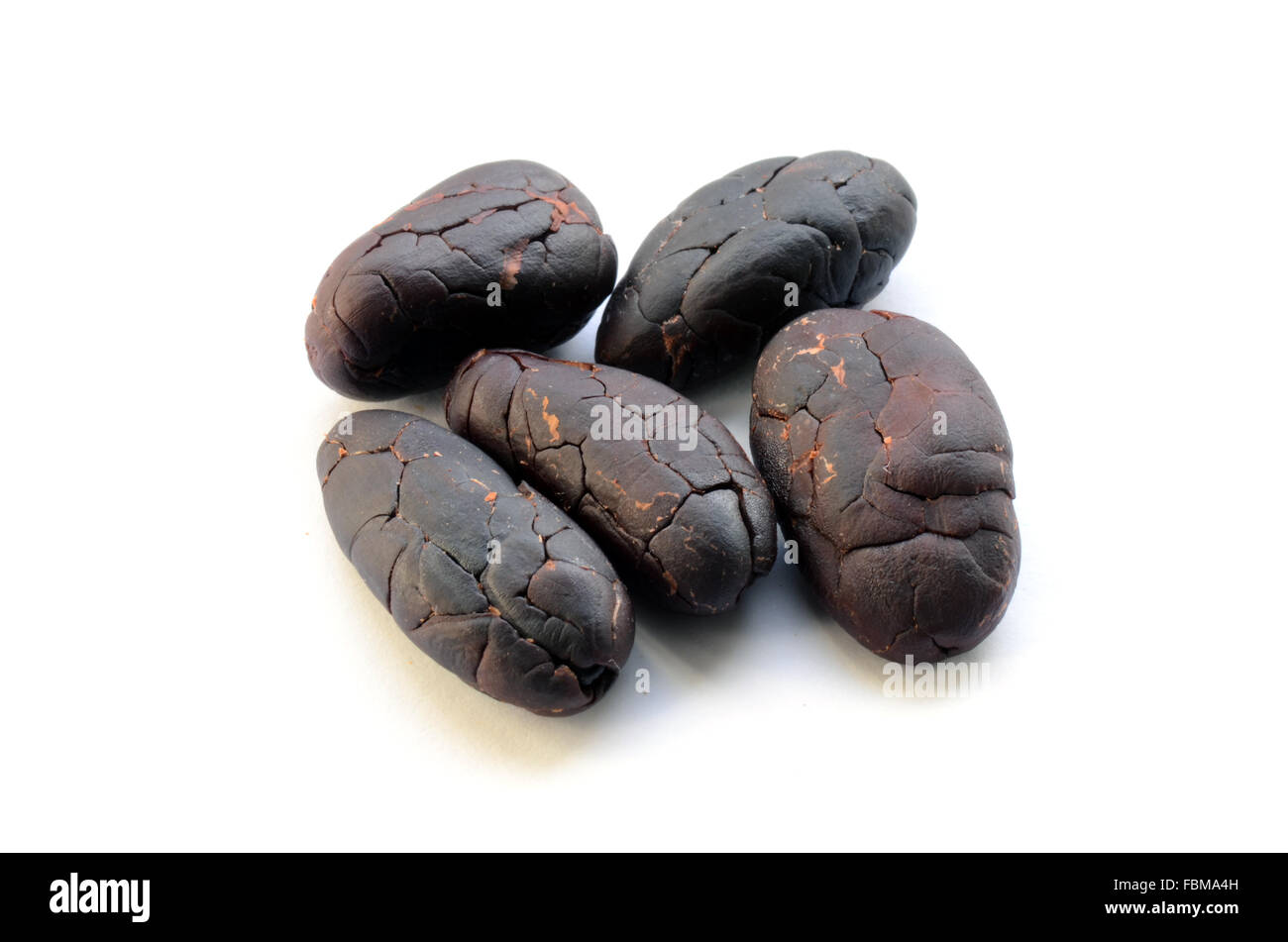 Materie le fave di cacao su sfondo bianco Foto Stock