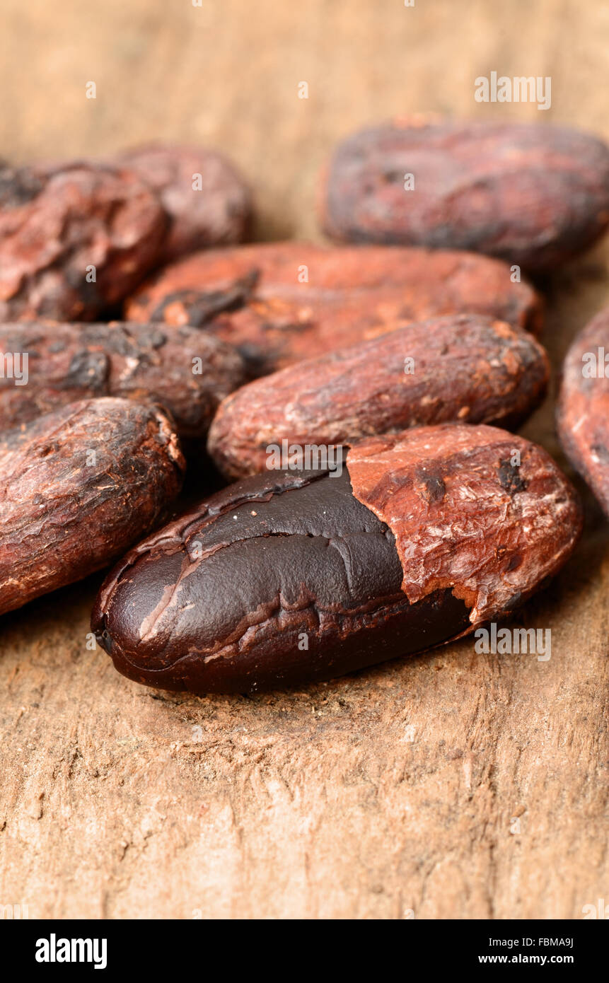 Materie le fave di cacao su uno sfondo scuro. Foto Stock