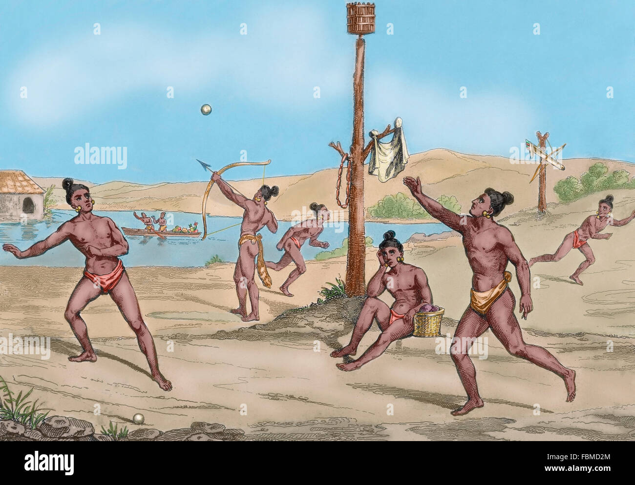 I popoli indigeni delle Americhe. Il XVI secolo. La riproduzione. Incisione, 1841. Colorati. Foto Stock