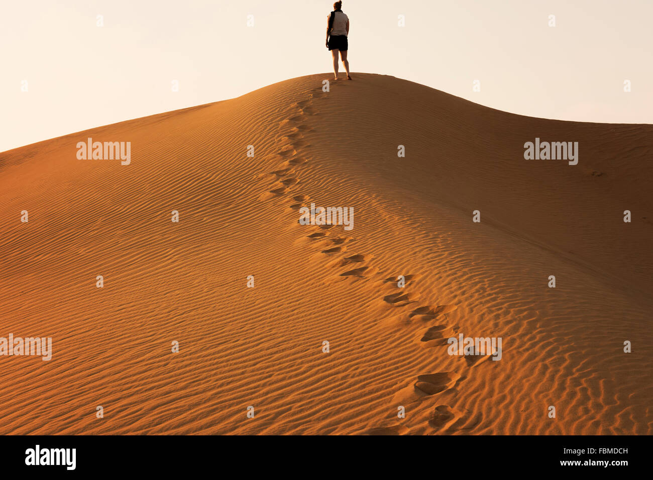Donna in piedi su una duna di sabbia nel deserto, Dubai, UAE Foto Stock