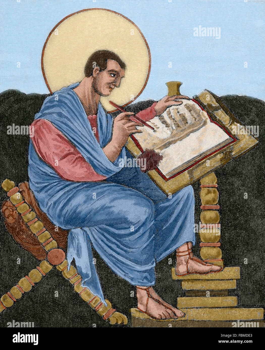 Matteo apostolo, uno dei quattro evangelisti. Incisione di Ruth, xix secolo. Colorati. Foto Stock