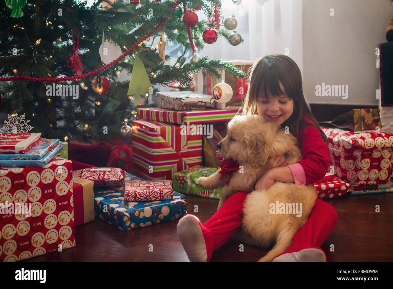 Ragazza abbracciando il golden retriever cucciolo di cane a Natale Foto Stock